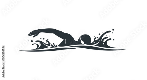 A dynamic black silhouette depicts a swimmer in motion cutting through water with splashing waves high quality professional