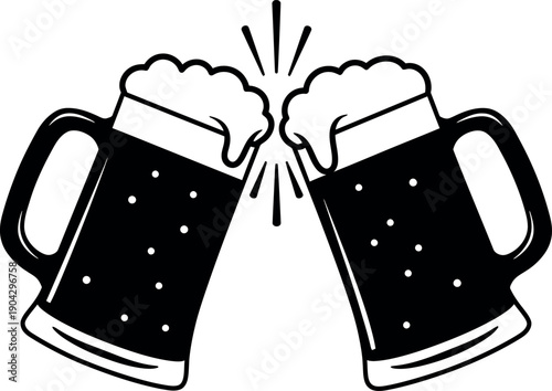 Two beer mugs clinking in a cheers toast silhouette for celebration