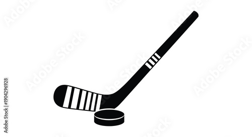 A minimalist black and white illustration depicts a hockey stick leaning against a puck showcasing sports equipment high quality professional