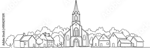 Village With Church Continuous One Line Art Drawing Style