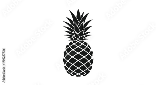 A striking black and white silhouette depicts a whole pineapple with detailed scale like texture and spiky leaves high quality professional
