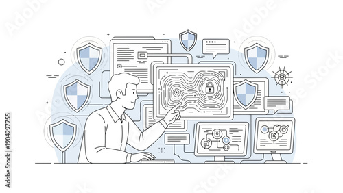 Cybersecurity Expert Analyzing Network Security on Multiple Screens.