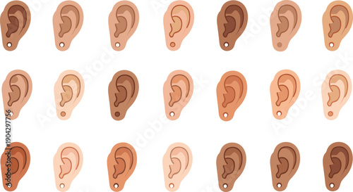 Human Ear Skin Tone Diversity Vector Illustration Set Showing Different Ear Shapes and Colors for Medical, Educational, and Inclusive Design Projects