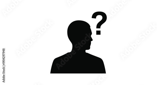 A stark black silhouette of a human head profile is positioned next to a question mark high quality