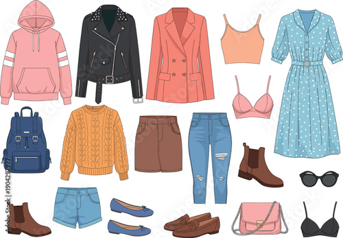 Fashion apparel and accessories collection set including jacket hoodie dress jeans shoes and bags isolated on white background vector.