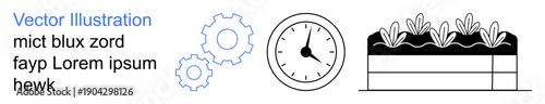 Time management, productivity tools, farming, sustainability, gardening icons, work-life balance. Clock, gears and a planting box with plants. Time management and productivity concepts