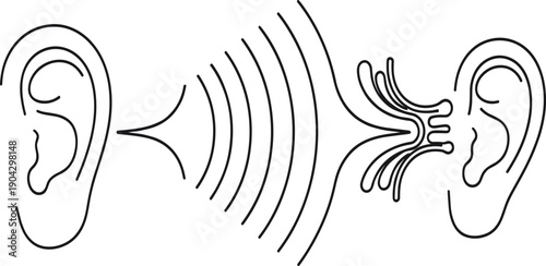 Human Ear Sound Transmission Vector Illustration Showing Hearing Communication Acoustic Waves and Listening Perception in Minimal Line Style