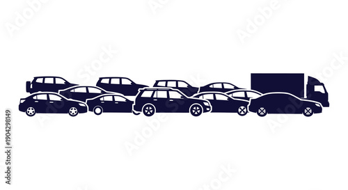 A stylized dark blue silhouette depicts a variety of vehicles including cars suvs and a truck high quality