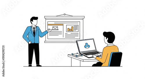 Man presenting business data on a projector screen to an attentive colleague.