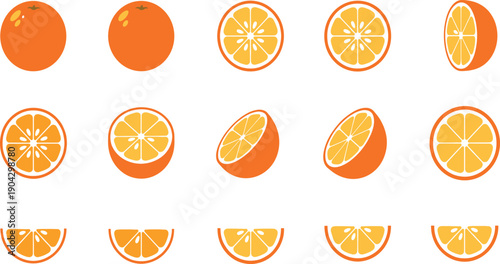 Orange Fruit Vector Icon Set with Whole Oranges, Halves, and Citrus Slices for Food Packaging, Nutrition Graphics, and Healthy Design Projects