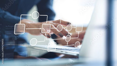 Business process, workflow automation with flowchart. Document management system framework, Enterprise content management, Working on laptop managing file data, workflow for business development