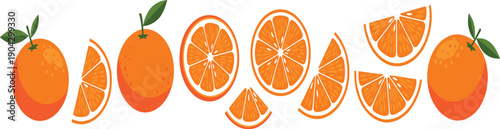 Orange Fruit Vector Illustration Set with Whole Oranges, Sliced Citrus Segments, and Fresh Juicy Pieces in Clean Flat Style