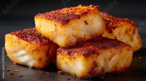 Crispy Grilled Fish Fillets with Spices on Dark Background