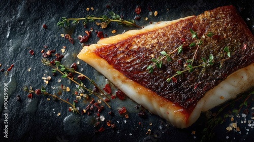 Freshly Cooked Fish Fillet with Spices on Slate Serving Board