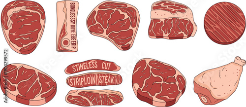 Fresh raw beef steaks and boneless meat cuts set including ribeye striploin and beef medallions isolated on white background vector.