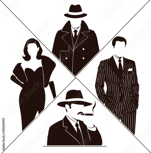 Four black and white silhouettes of people wearing 1930s clothing