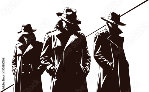 Three men in trench coats and fedoras standing in a line
