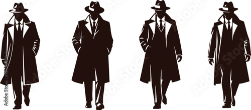 Four silhouetted men in coats and hats walking silhouettes