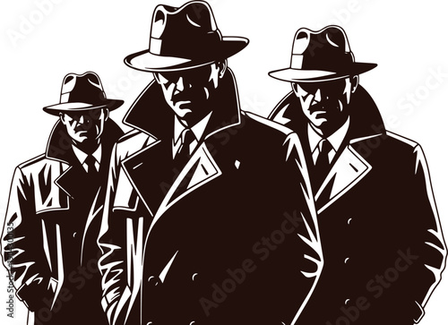 Three men in trench coats and fedoras men in suits 1