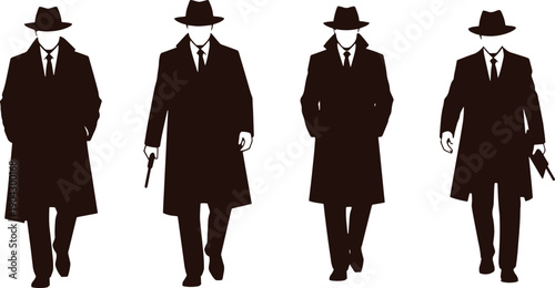 Four men in trench coats and hats walking men walking