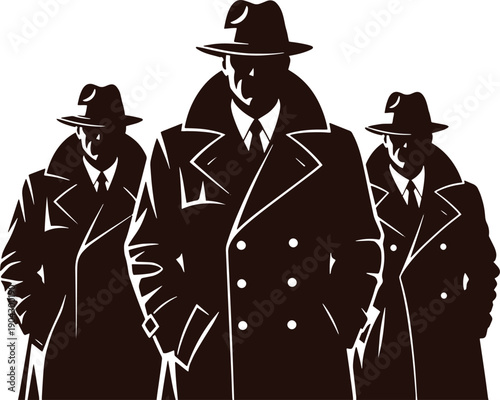 Three men in trench coats and fedoras men in suits