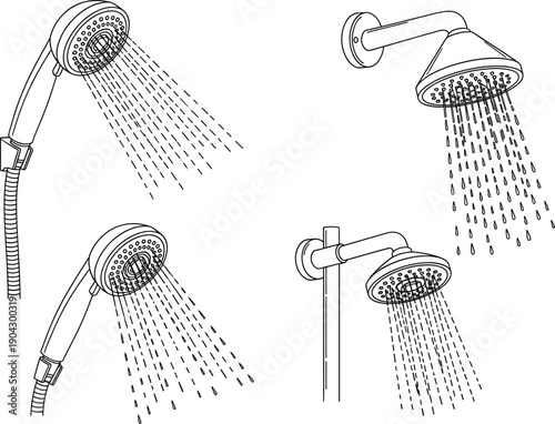 Bathroom Shower Head Line Illustration Set with Handheld and Wall Mounted Water Spray Fixtures for Plumbing Interior and Hygiene Designs