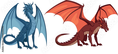 Mythical blue and red dragon characters with large wings in sitting and crouching poses isolated on white background vector.