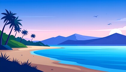 Papier peint photo Pourpre Tropical beach paradise with palm trees clear blue water sunset mountains landscape  © Evi