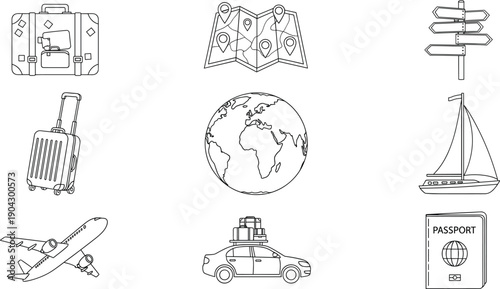 Travel Line Icon Set with Suitcase Map Globe Airplane Passport Car and Navigation Symbols for Tourism Journey and Adventure Designs