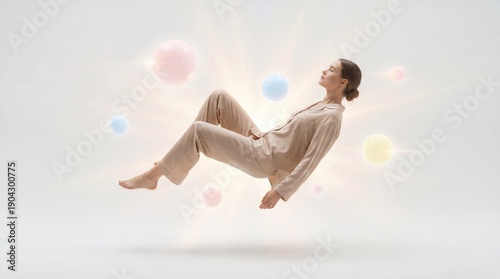 Zero Gravity Woman Sleeps Among Pastel Orbs