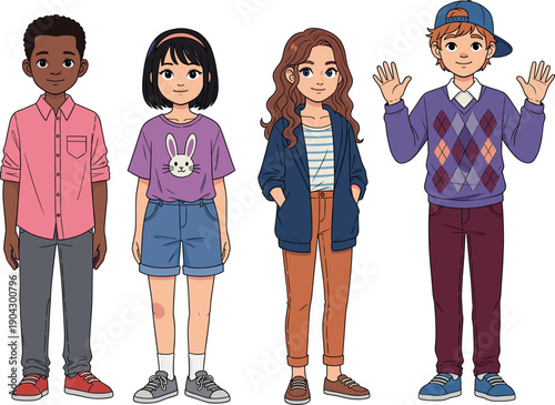 Set of diverse teenage characters wearing casual modern outfits including pink shirt purple bunny tee and argyle sweater vector.