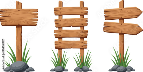 Set of rustic wooden signposts and empty timber planks on green grass with stones isolated on white background.