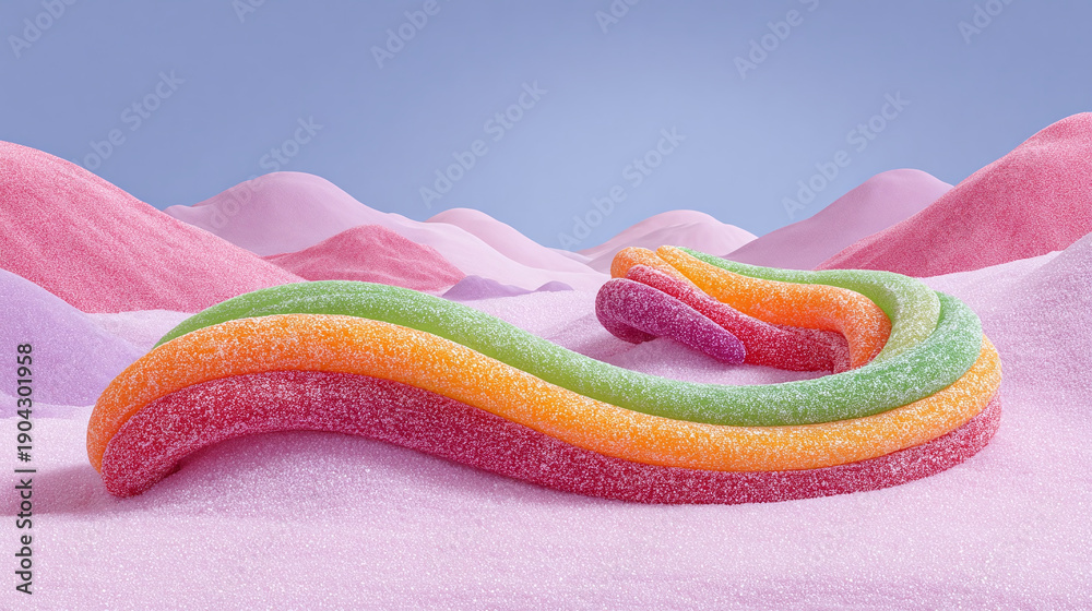 Obraz premium Experience a Candy Wonderland: A Surreal Landscape of Colorful Sweets and Chewy Delights Awaits You in this Playful and Creative Artistry.