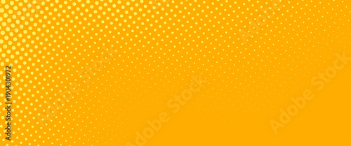 Yellow halftone pattern. Retro comic gradient background. Bright orange pixelated dotted texture overlay. Cartoon pop art faded gradient pattern. Vector backdrop for poster, banner, advertisement