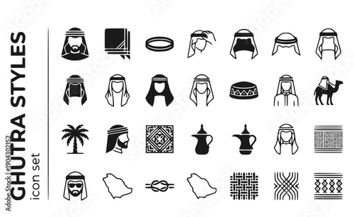 Ghutra Styles Saudi-Shimagh Cobra-Style Traditional-Headwear Gulf-Fashion Saudi-Cultural Regional-Headgear Vector Icon Set - Saudi Headwear