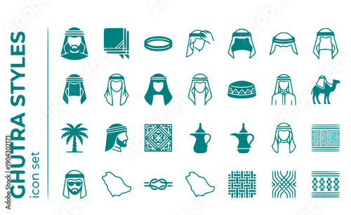 Ghutra Styles Saudi-Shimagh Cobra-Style Traditional-Headwear Gulf-Fashion Saudi-Cultural Regional-Headgear Vector Icon Set - Saudi Headwear