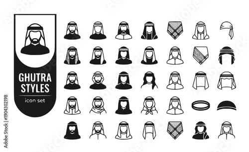 Ghutra Styles Saudi-Shimagh Cobra-Style Traditional-Headwear Gulf-Fashion Saudi-Cultural Regional-Headgear Vector Icon Set - Saudi Headwear