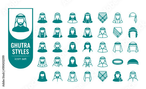Ghutra Styles Saudi-Shimagh Cobra-Style Traditional-Headwear Gulf-Fashion Saudi-Cultural Regional-Headgear Vector Icon Set - Saudi Headwear