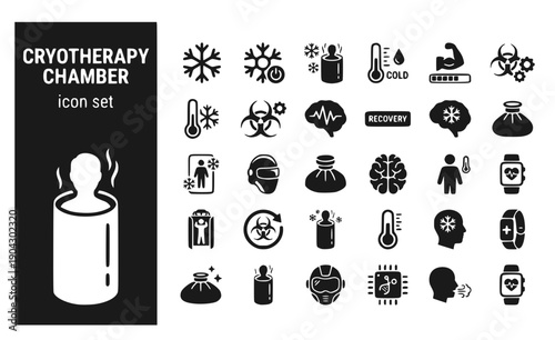 Cryotherapy Chamber Freezing-Tank Cold-Therapy Recovery-Treatment Wellness-Technology Biohacking-Equipment Head-Out Vector Icon Set - Cold Chamber