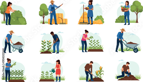 Collection of diverse farmers and gardeners performing agricultural tasks including harvesting planting watering and digging vector illustration set.