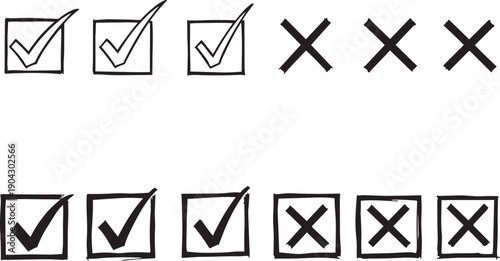 Hand Drawn Check Mark and Cross Icon Set, Vector Sketch of Tick and X Symbols in Checkboxes for Survey Feedback Validation and To Do List Tasks