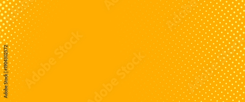 Yellow halftone pattern. Retro comic gradient background. Bright orange pixelated dotted texture overlay. Cartoon pop art faded gradient pattern. Vector backdrop for poster, banner, advertisement