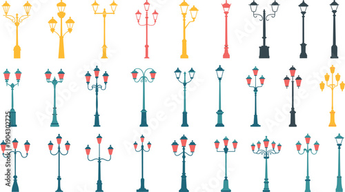 decorative street lamp vector collection, colorful vintage modern light poles set, urban outdoor lighting icons, flat design elements