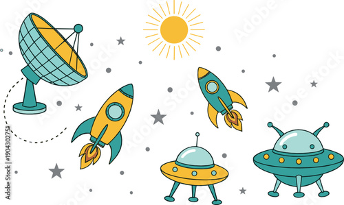 Cute space illustration set with rockets UFOs satellite dish sun and stars in playful retro flat cartoon style for kids and sci fi designs