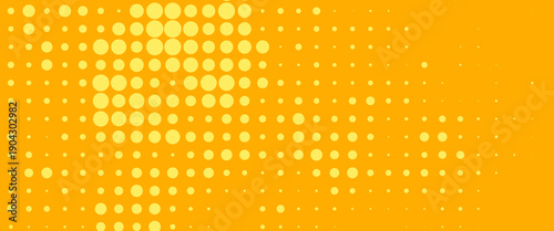 Yellow halftone pattern. Retro comic gradient background. Bright orange pixelated dotted texture overlay. Cartoon pop art faded gradient pattern. Vector backdrop for poster, banner, advertisement
