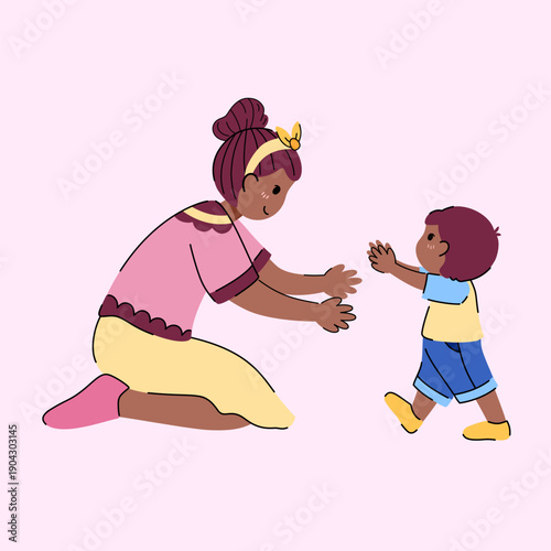 Vector of a Proud Mother Smiling as Her Baby Takes First Steps Illustration for Mother’s Day Design