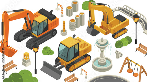 isometric construction machinery and urban park elements set excavator bulldozer fountain bench lamp playground vector illustration collection bundle design,