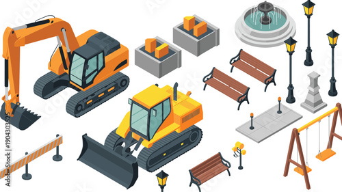 isometric construction vehicles and urban park furniture set excavator bulldozer bench lamp fountain playground vector illustration bundle design,