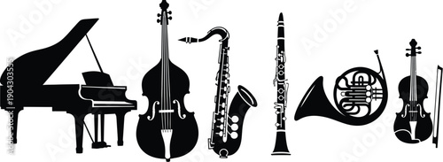 Musical instruments grand piano, double bass, saxophone, clarinet, French horn, and violin. 