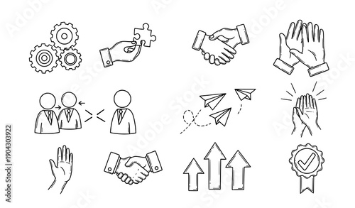 Business doodle outline icons set with teamwork success and strategy symbols